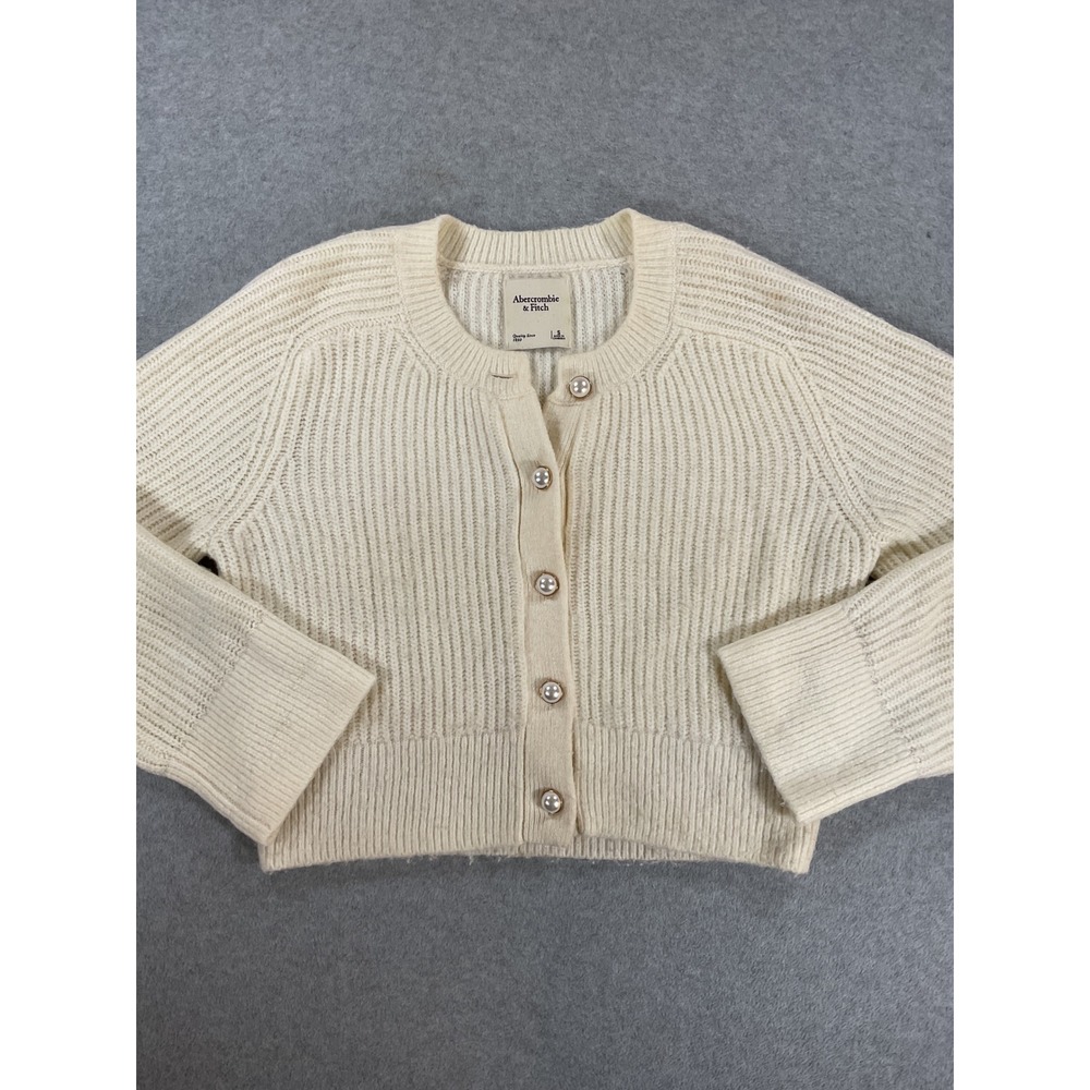 Abercrombie & Fitch Cream Ribbed Cropped Cardigan Faux Pearl Buttons Small 2625